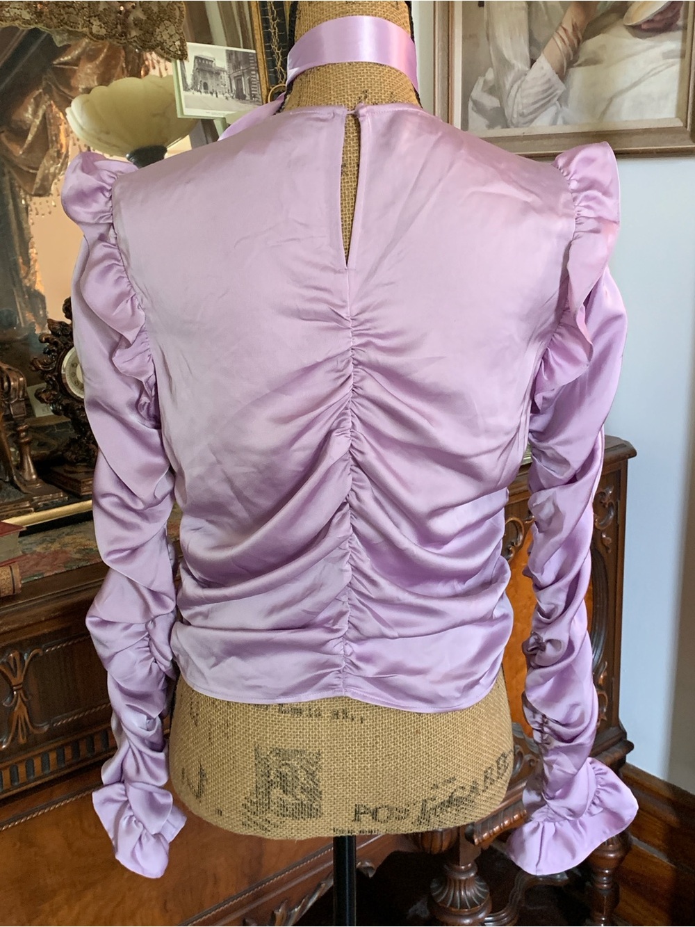 Pre-loved Lilac Satin Ruched Ruffle Sleeve Victorian-insired Blouse Top - Picture 5 of 8